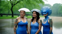 [heavy summer rain in central park: photo of three women by Evelyn Hofer] Tattooed, middle age ladies, there is an alien female with a blue head caught in a heavy summer rain in central park, happy with no inhibitions