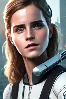 Emma Watson, full-length, in white stockings, cyberpunk 2077, photorealistic illustration, 4k