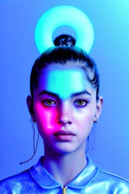 Ultra Realistic image, Rosalía artist, waist up portrait, black eye line, sweet angry face , gold, blue, pop style, pink spray line make up, geometric, led lights, neon, rings piercing, led ornament, fog, bubble latex coat, vibrant color, highly detailed, art stations, concept art, smooth, unreal engine 5, god rays, ray tracing, RTX, lumen lighting, ultra detail, volumetric lighting, 3d, finely drawn, high definition, high resolution.