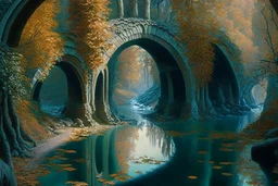 emerald river beneath incredible ancient stone arches, autumn trees, no people, by Ivan Shishkin, Ferdinand Knab, Dan Seagrave, Erik Johansson, Peter Mohrbacher, Anato Finnstark, Flavio Greco Paglia. unreal engine, bokeh sharp focus dof ultra realistic oil on canvas beautiful award winning photograph ultra detailed