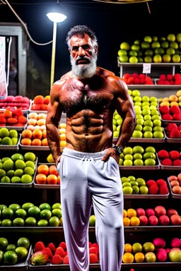 full body shot photography, iranian man at night, 46 years old with hands on the flap, manly chest, muscular chubby , curly beard, dirty, serious, stand up on a crowded street, sells watermelons at his stall, sweat, shirtless, open legs, bulging pants, long hair, ugly, big thighs, bullneck, big shoulders, photo realistic, photographic, super detailed, hyper realistic, UHD, midnight , misery and poverty, side light, frontal view from the ground, ambient occlusion