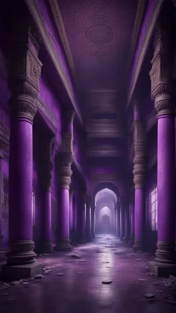 Hyper Realistic big dark hall of an abandoned haunted Indian Palace with decorated purple walls & pillars at night