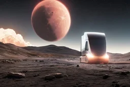 A Tesla 'Semi' (semi truck) is going at a high speed, at the lunar landing site of the 'Apollo 11'. (CINEMATIC, WIDE ANGLE LENS, PHOTO REAL)