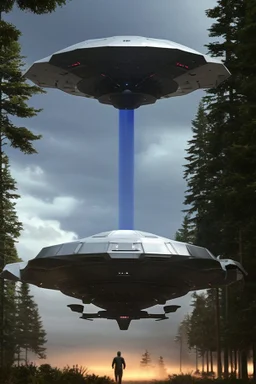 hundreds of school kids see a ufo, flying over tall pine trees, concept art, by Asaf Hanuka, by Weta Digital, Electric Colors, Screen Space Global Illumination, in a symbolic and meaningful style, the craft has flat bottom,3 large lights underneath glow with intense fury, kids running up to craft with wonder
