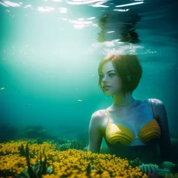 Emma Stone underwater with yellow flowers for hair, closed eyes, rtx, reflection, 8k, glow, winning photography, caustics