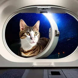 hyper-realistic spaceship interior with a cat looking at a floating astronaut, milkyway view through porthole behind them, 8k resolution, high-quality, fine-detail, detailed matte, intricate, 3D octane render, illustration, digital art, brian froud, howard lyon, anna dittman, greg rutowski,