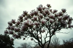 Melancholic, ultra-realistic vintage photograph of a The magnolia tree, soft light of a cloudy sky, atmosphere of quiet sadness and timeless beauty, cinematic, hyper-detailed, emotional and mesmerizing, bloom