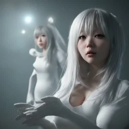 hitomi tanaka, full body, dress white, long black hair, vilage, realistic, intriacte detail, sci-fi fantasy style, volumetric lighting, particales,highly detailed,cinamatic, deep colours,8k