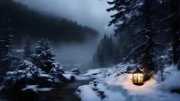 dark scenery,fir forrest scenery, heavy mist,,valley,creek,forest,,lanterns,,nature,night,snow,fir tree,night