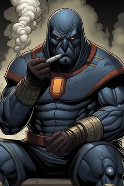 Darkseid dressed in a tracksuit smoking a cigar