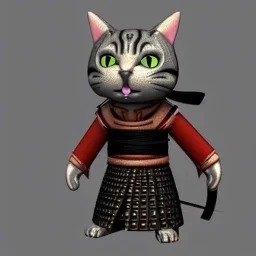 Un chat, anthropomorphique, modélisme 3d, habillé comme un samurai, très détaillé, réaliste, très précis.