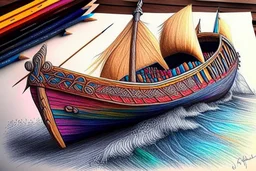 Viking boat drawing with colored pencil, Ultra realisic, Ultra detailed, Very professional drawing, Art, colorfull, vikings, old