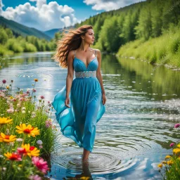 upper body closeup of very beautiful girl walks in water in country side wild colorful flowers , curvy hair ,next to small clean water river,pretty clouds in blue sky