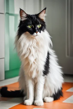 Bauhaus art of a beautiful cat with long, wavy, thick hair, pointed ears, bright green eyes, orange, black and white colors, ultra quality, (((full body))), sitting on the floor