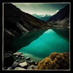 Sublime foto close-up polaroid ad alta definizione di una montagna rocciosa, un lago, surreale, colors, dadaism, sublime, splimapys nero, cielo nero, acqua nera riflette un sole nero, macabre piante circondano il lago, alghe, hypermaximalist, Max Ernst style, strangeness, intricate, hypnotic, obsessive, 8k, deep 3d field, very accentuated details of the rocks and shtn, eerie, artistic photo, shot on Hasselblad, large format film, medium format film