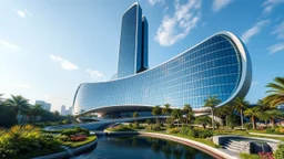 A futuristic skyscraper designed with sweeping parabolic curves, where the entire façade is made of reflective glass. The building rises gracefully toward the sky, with its symmetrical parabolic arc creating a sense of balance and elegance. Surrounding the structure are lush gardens and flowing water features that mirror the curves of the building. Photograph.