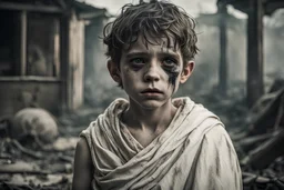 The boy, dressed in his toga, embodies a blend of resilience and vulnerability. His wariness begins to give way to a sense of solace as the ghoul's gentle presence washes over him. His weary expression transforms into one of acceptance, capturing the weight of the post-apocalyptic world he navigates. The weariness in his face becomes intermingled with a newfound serenity, a testament to the power of the ghoul's hypnotic light.