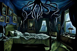 surreal bedroom, nightmarish many legged and slimy creature crawling out of framed picture hanging above bed onto the bed where a woman is sleeping under covers, slimy gross tentacles stretching everywhere, haunting nightmare-scape, horror art, mysterious sinister, by Yves Tanguy, by Stephen Grammell, by Joel-Peter witkin, photorealism, dark blue and dark violet and dark gold, volumetric lighting, dry ice vapors.