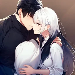 Boy with black hair, girl with white hair kiss