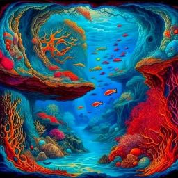 Trees and imaginative underwater views, ornamental fish and coral perfect anatomy, fantasy, vibrant digital art professional award winning masterpiece, oil on canvas Atmospheric extremely detailed Josephine Wall