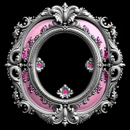 Baroque frame silver oval, with baroque frame, eye-catching frame with baroque, ornate elements, The border consists of numerous tendrils and floral motifs in pink, which are worked in great detail