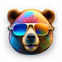 sticker on white background, surreal 3d Head of a multicolor Bear with sunglasses, psychedelic art, octane render, unreal engine 5, funny, smiling