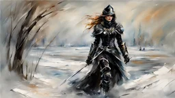 a warrior woman in black armor on the background of a cold snow-covered country, ice and crystal, frost and snow, oil and pastel, by Leonid Afremov & William Kentridge & Anna Razumovskaya