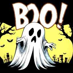 A spooky ghost with bold text above it that spells “ Boo! “