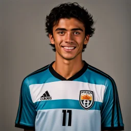 85mm DSLR color photography of a very detailed headshot fitting all of head and hair in frame. 19-year-old Argentine soccer player, and with no facial hair and has no facial hair, has short and black hair with a small smile, grey background