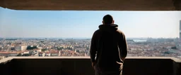 man in a hoodie watching to the city from the balcony by andrea del sarto