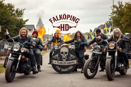 a very hard and tuff motorcycle young gang with Keltic hair , not old, posing with their Harley Davidsson bikes, some of them holding guns and shotguns, a logo sign with "FALKÖPING HD", "FEARLESS SINNERS" Skulls and bones, skeletons and fire, Swedish town Falköping in background, Swedish flags on bikes, Simon Stålenhag style