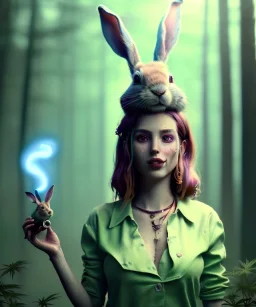 Ultra realistic photography, happy drugged Alice woman with rabbit smoking a pipe in Wonderland, wide angle view, Wes Anderson style, forest, wild marihuana plants, rain, color fog, color smoke. Party people background, soft color, highly detailed, unreal engine 5, ray tracing, RTX, lumen lighting, ultra detail, volumetric lighting, 3d, finely drawn, high definition.