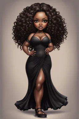 create a digital airbrush image of a chibi curvy black female wearing a black maxi dress and black sandals. Prominent make up with brown eyes. Highly detailed wild tight curly hair.