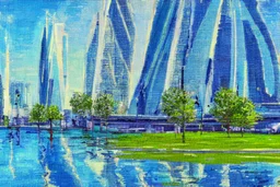 Sunny Day, futuristic buildings near the tree and lake zone, sci-fi, tendency to impressionism, realistic vision