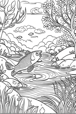 coloring page, fish in a creek, cartoon style, thick lines, low detail, no shading