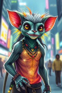transparent gremlin sleek weasel rasta man with cute fur, in big cyberpunk city crossover, volume light and motion blur, airbrush and pen outline