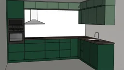 dark green kitchen like in the photo with forest wallpaper on the wall, very realistic