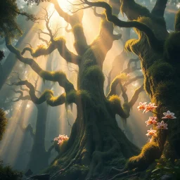 Award-winning Ultra-realistic fantasy photography of an ancient enchanted forest illuminated by ethereal shafts of golden light, towering ancient trees covered in glowing moss and exotic orchids, magical atmosphere filled with floating pollen and delicate mist, extraordinary realism, professionally photographed in award-winning fine art style, masterpiece,