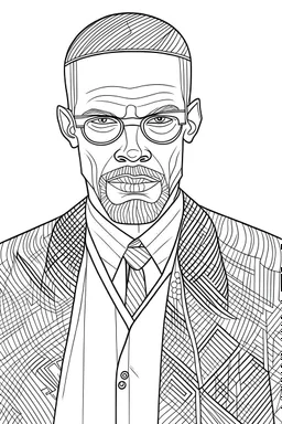 Malcom X, b&w line art style fashion, preppy style, simple line art, one line, line art, line drawing style, white background, full body, picture, coloring book style on white background, well composed, clean coloring book page, No dither, no gradient, strong outline, No fill, No solids, vector illustration, –ar 9:11 –v 5