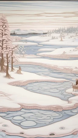 A light pink snow covered tundra with a frozen lake designed in Bayeux tapestry painted by Peter Carl Faberge