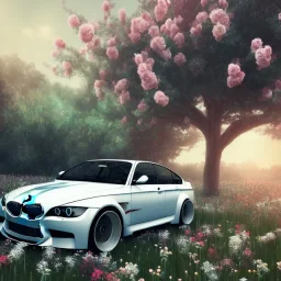 voiture blanche dans un champs de fleur, chrome, cyber, Concept Art, couleur vibrante, Bmw