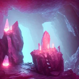 single pink crystal, on an altar in a foggy cave, cinematic,