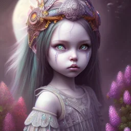 toddler, epic dark queen,tears, majestic, ominous, green wildflowers background, intricate, masterpiece, expert, insanely detailed, 4k resolution, retroanime style, cute big circular reflective eyes, cinematic smooth, intricate detail , soft smooth lighting, soft pastel colors, painted Rena