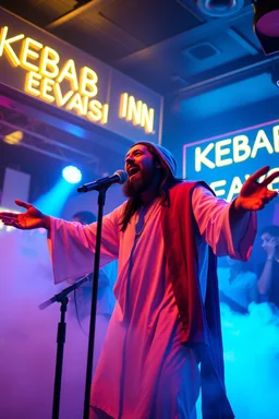 An "Kebab man" performing at dance club, his name is "Kebab man" and looks crazy, Jesus on stage, White and light blue Neon lights and smog, "KEBAB IN HEAVEN" SIGN ON WALL