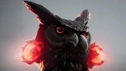 a Black shield evil Owl with fangs, bloodshot eyes, blood, horror, that looks into the camera, hyperrealistic, extremely detailed, 8 THOUSANDS mystical, trending on artstation, sharp focus, studio photo,Halloween Alchemist , high voltage, thunder light,closeup, proactive scene, provocative moving, action pose, modern and futuristic HD colored black and red decor beautiful black empty in a high voltage pumpkin, double exposure, halo, perfect composition, highly detailed,