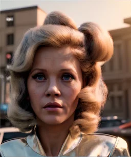 Ultra Realistic retro sci-fi movie Supermarket parking scene, 1960 year, waist up view portrait, 2 clones blonde women, sweet teenager Jane Fonda face, perfect iris, glow eyes, face makeup, tight latex coat, many people, Retro sci-fi style, soft color, highly detailed, unreal engine 5, ray tracing, RTX, lumen lighting, ultra detail, volumetric lighting, 3d, finely drawn, high definition, high resolution.