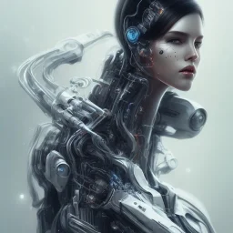 wonderfull portrait only woman half face robot, long black hair, intricate, sci-fi, cyberpunk, future