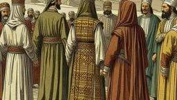 Rear view in 1490 of Andalusian men and women gathered around a commander in ancient Arab dress