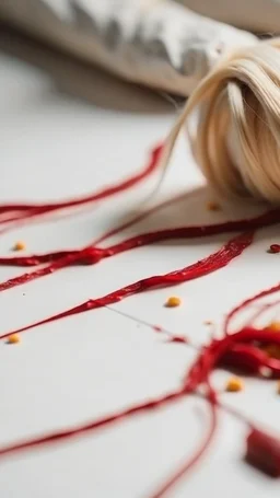 blonde hair strands on white fabric with measuring tape and drops of blood.cinematic