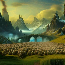 Epic Drawing of mordor scenery with sheeps of The Hobbit estilo Van Gogh 4k